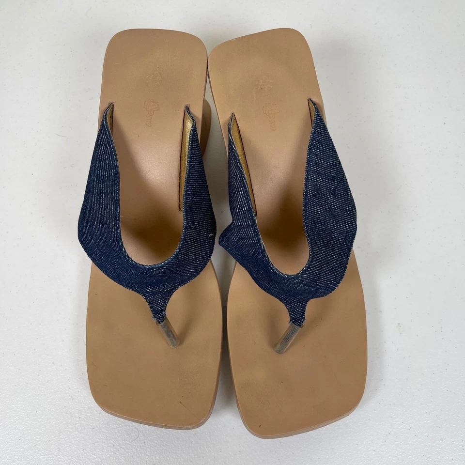 Sandalias Tanga De Colección Denim Gruesas Cuña 9 Puntera Cuadrada Años 90 Y2K Grunge Boho Foto 3 de 4