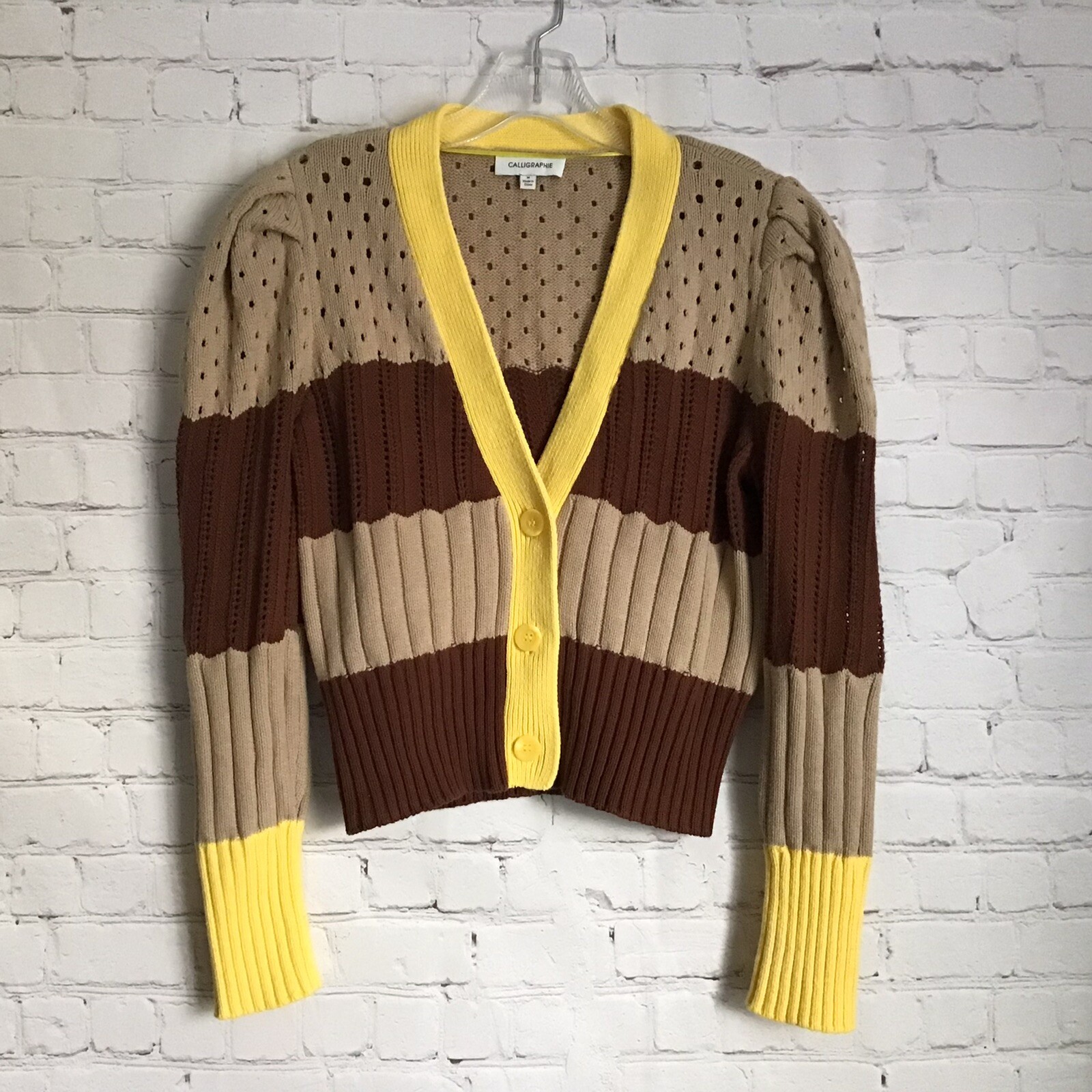 Calligraphie V Neck Button Front Puff Sleeve Card… - image 1