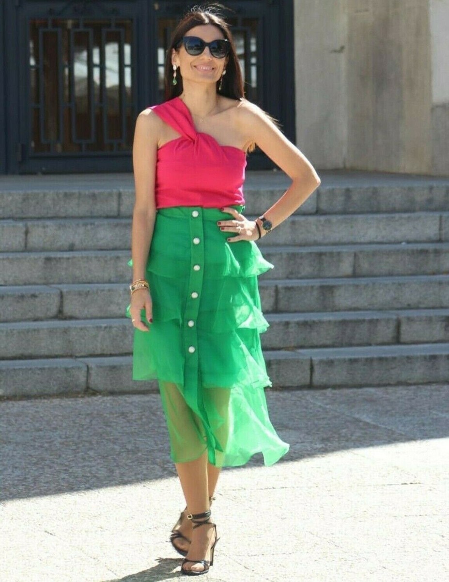 Zara Organza Skirt With Rhinestone Buttons Green 3087/114 Sz Zara Organza Skirt With Rhinestone Buttons Green 3087/114 Sz