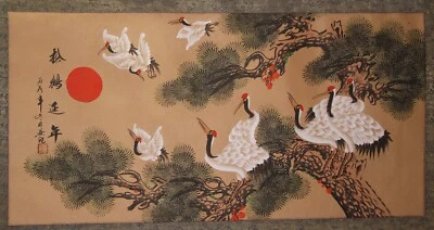 Chinesisches Rollbild mit Kranichen auf einem Pinienast - 20. Jh. - Bild 1 von 4