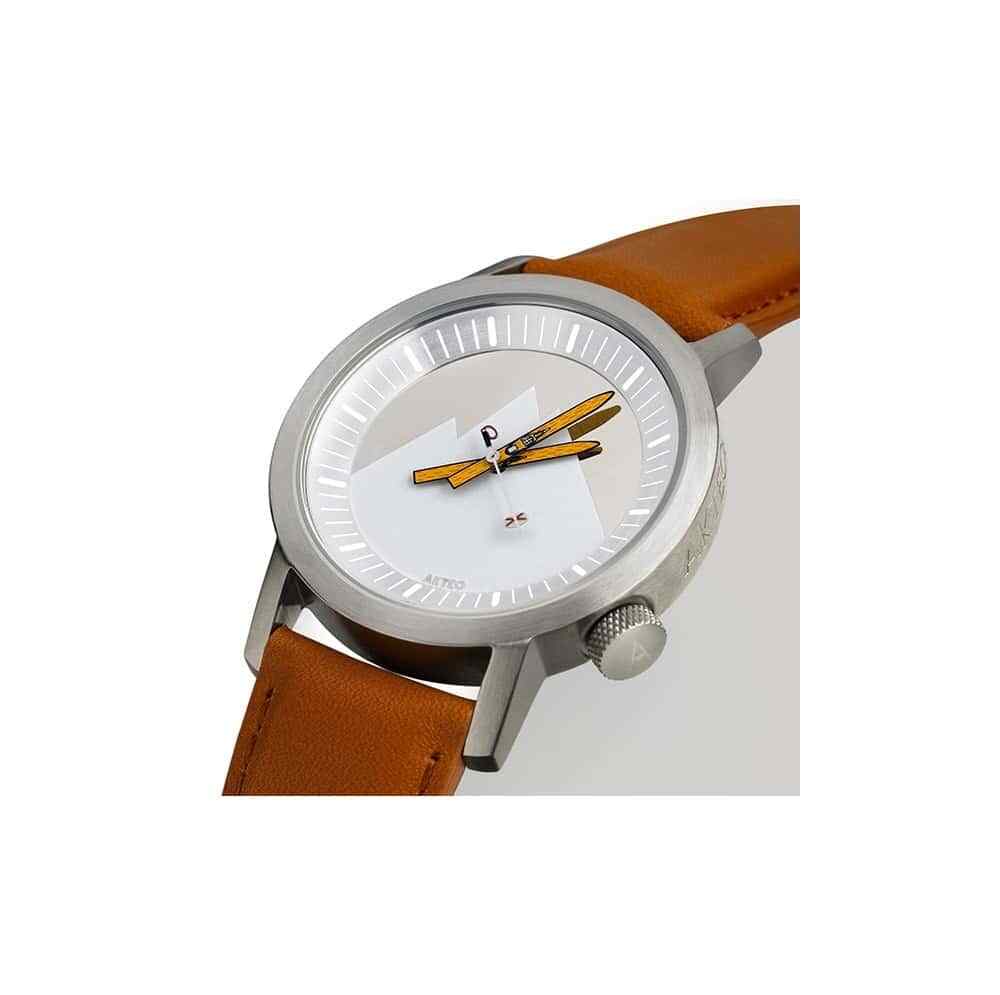 Montre à aiguilles ski 02 42 Aktéo en acier massif et cuir brun