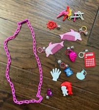 Vtg Plastic Clip On Bell Charm 80s Lot Grapes Dolphin Combs Calculator Bear