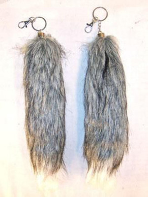 2 FOX TAIL KEY CHAIN GREY W WHITE TIP foxes wild animal fur novelty ...
