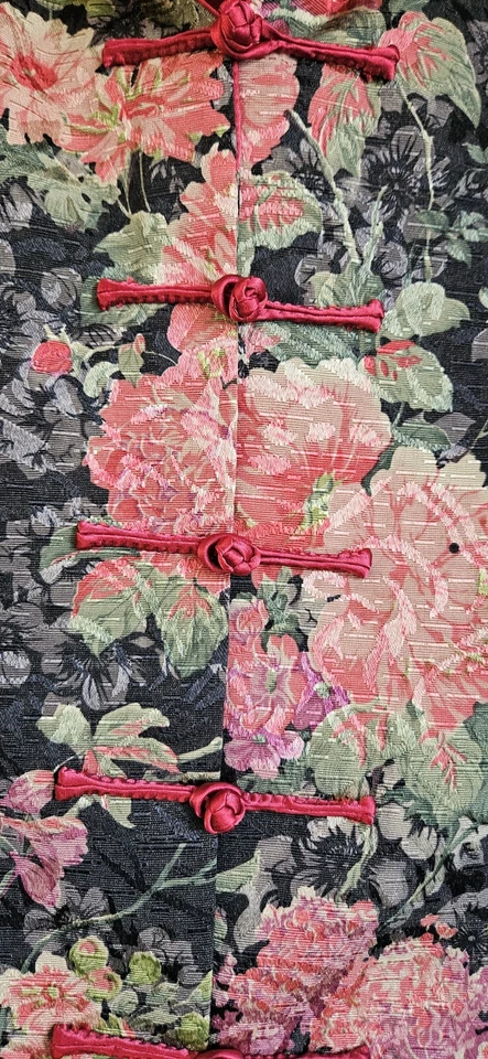 Blazer Asiático Mujer Talla XL Rosa Negro Floral Rana Botones Cuello Oriental Foto 4 de 4