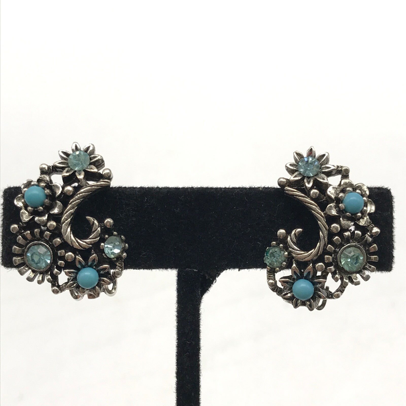 Vintage Lisner Silver Tone Blue Rhinestone Flower Climber Clip On Earrings