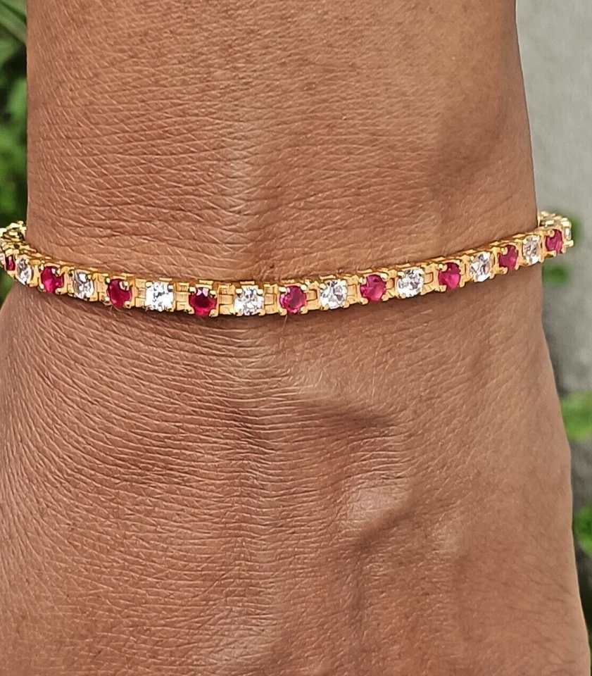 12 Ct Runde Simulierte Saphir Diamant 14k Gelb Vergoldetes Tennisarmband - Bild 3 von 4