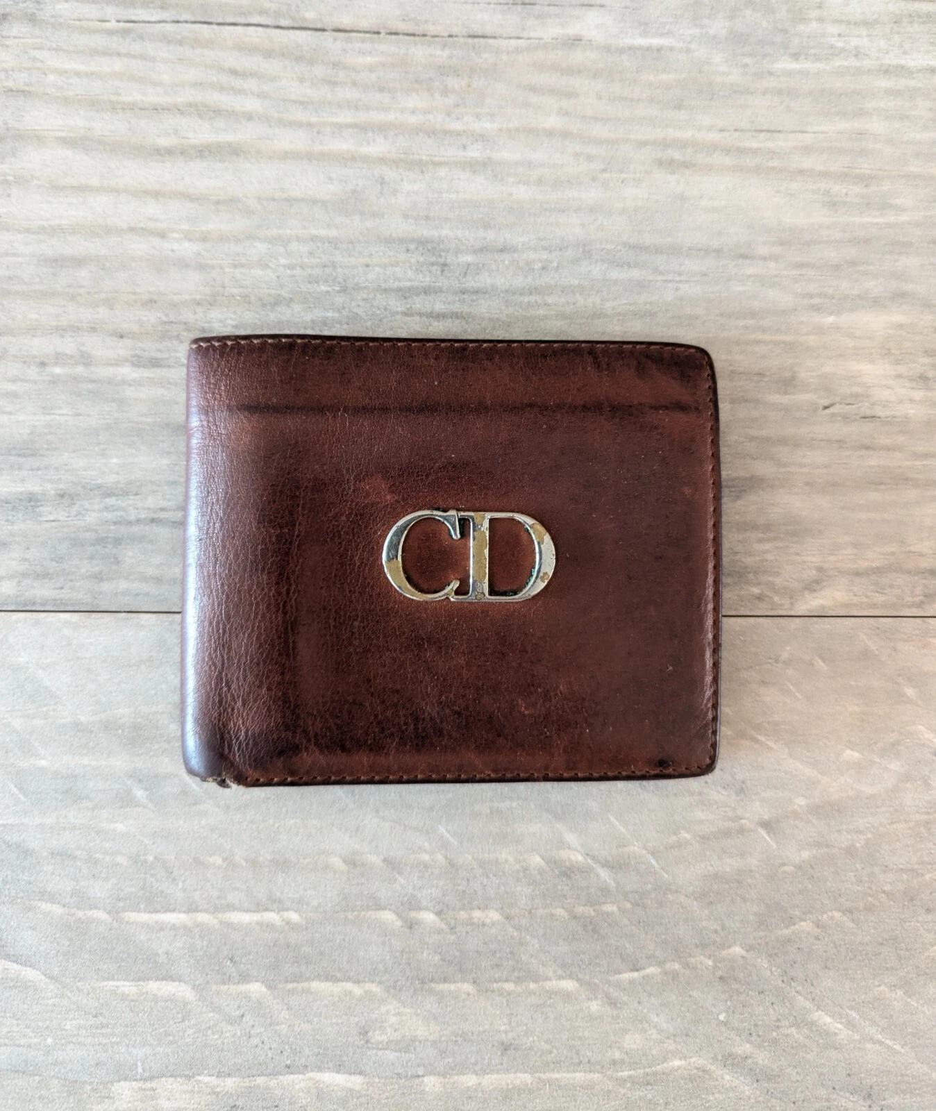 Portefeuille vintage Christian Dior marron sac à main pliable en cuir CD