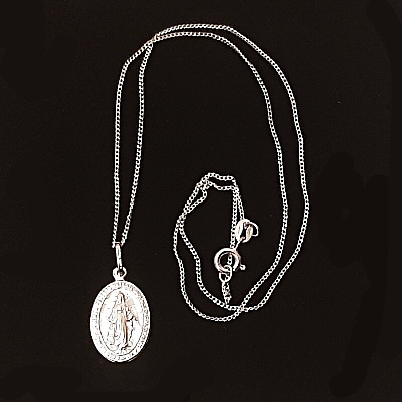COLGANTE MEDALLA PLATA de LEY VIRGEN LA MILAGROSA 20x12 mm +Cadena 45cm Plata925