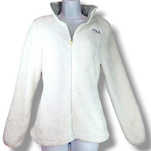 Fila Sport Kunstfell Jacke mit Reißverschluss Größe Damen M weiß Langarm flauschige Taschen