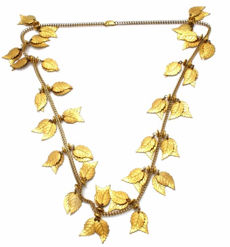 Miriam Haskell Leaf Charm Necklace Signed Gold Plated Dangling Leaves Vintage - Picture 1 of 6