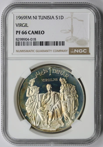 1969 FM NI Tunisia 925 Fine Silver 1 Dinar PF 66 Cameo NGC Virgil