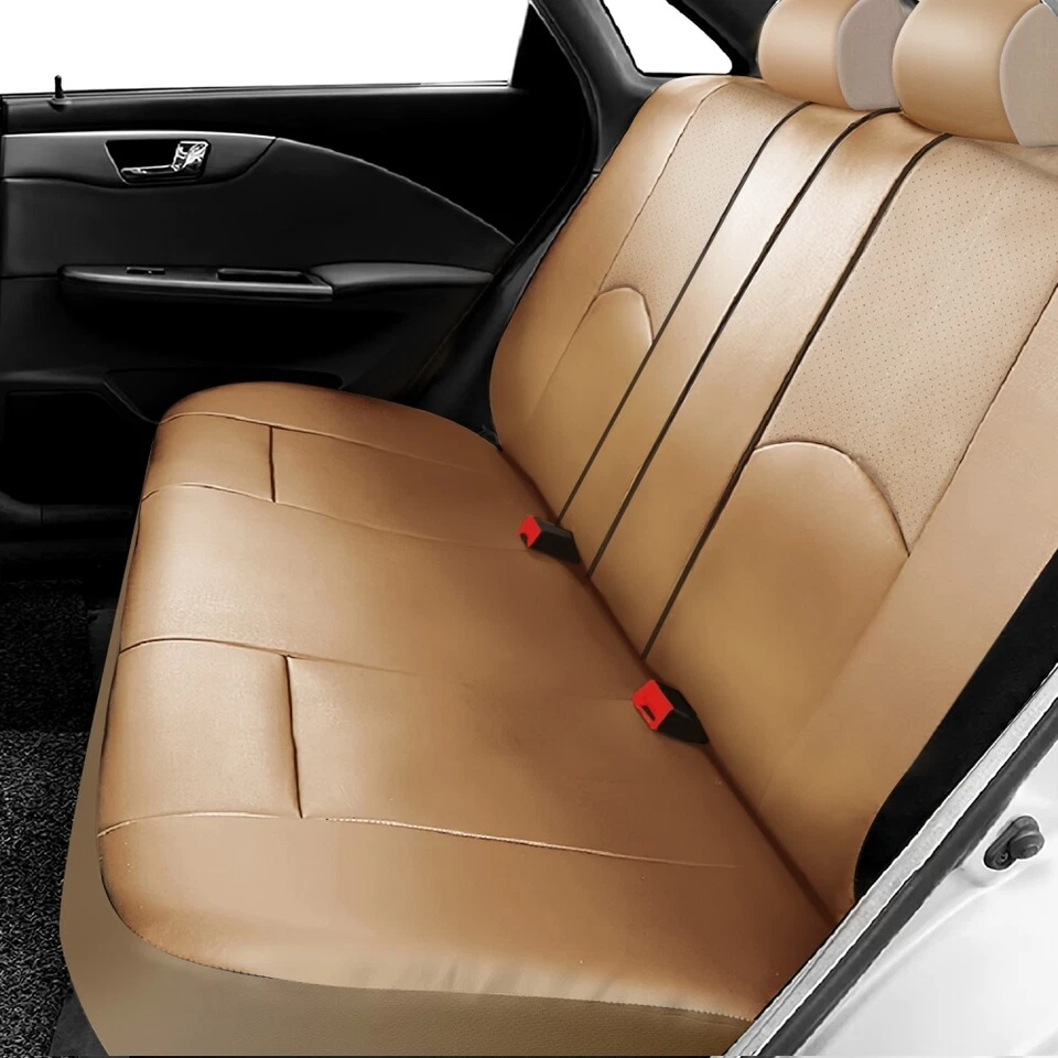 Juego completo de fundas de asiento de coche de cuero sintético beige sensación de cuero genuino delanteras traseras Foto 4 de 4