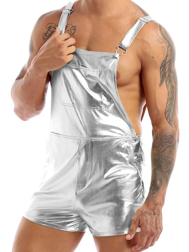 Men Shiny Metallic Dungarees with Strap Overall Suspender Shorts Fancy Dress - Video 1 of 1