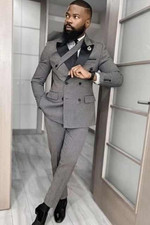 Men's Gray Double Breasted Peak Lapel Business Party Groom Tuxedo Wedding Suit