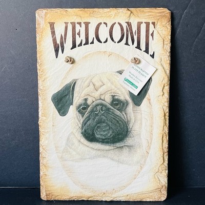Pug Dog Slate Welcome Sign Rustic Country Home 12x8 Leather Strap W/Original Tag