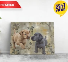 Puppies Canvas 16x12" Framed Retro Animals Wall Art Home Decor