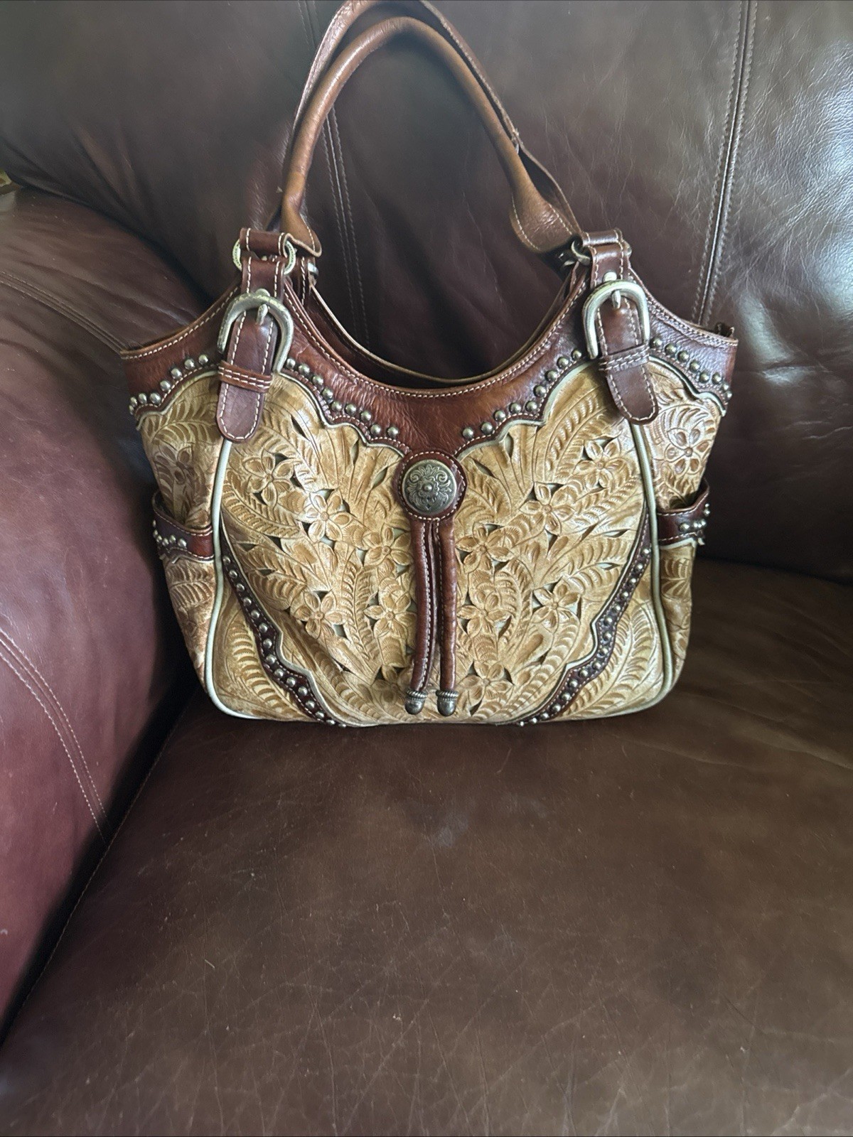 American West Tooled Two Tone  Multi-Compartment Leather Shoulder Bag - Western