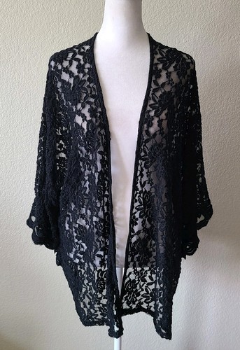 Cardigan kimono nero pizzo donna 2XL strega capriccioso trasparente scuro femminile anni 90 - Foto 6 di 13