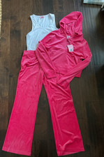 NEW Juicy Couture 3 pc Pink Party velour rhinestone bling tracksuit  tank top L