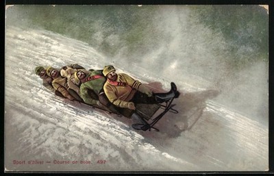 AK Bobsleigh-Rennen, Fahrt durch eine gefährliche Kurve, Course de bobs 1913 