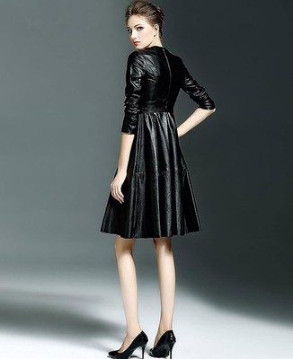 LAI MENG Five Cats Faux Leather Midi A-Line Dress XL Black without belt 