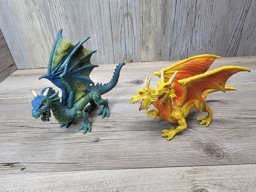 Vintage Green Dragon And Yellow Two Headed Winged Dragon Dinosaur Reptile Pvc - Picture 4 of 5