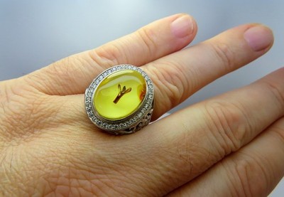925 Sterling Silber großer Herren Ring mit Fossil BLUME Einschluss in BALTISCHEM BERNSTEIN