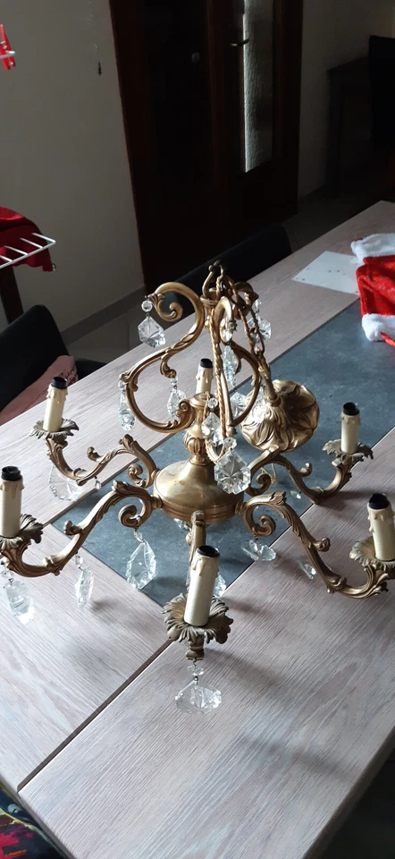 Un grand luminaire lustre ancien laiton et verre style Louis XV six branches - Photo 2/4