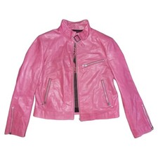 Vintage Pink 100% Leather Moto Jacket With Silver Buckles