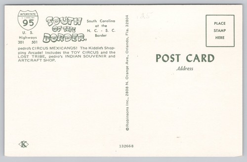Postal cromada South Of The Border Pedro's Circus Mexicanus Carolina del Sur - Imagen 2 de 2