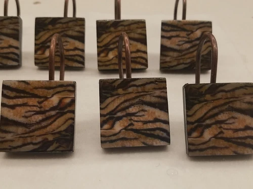 Set Of 12 Square Tiger Resin Shower Curtain Hooks Animal Wildlife Black Frame