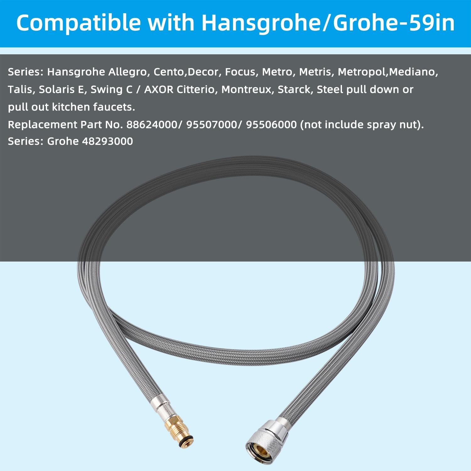 59 Pull-Out Faucet Hose Replacement Fits Hansgrohe/Grohe Faucets w 6 Adapters
