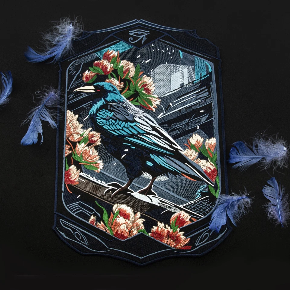Parche trasero grande de cuervo, arte de bruja bordado con flores, pájaro cuervo, planchado Foto 3 de 4