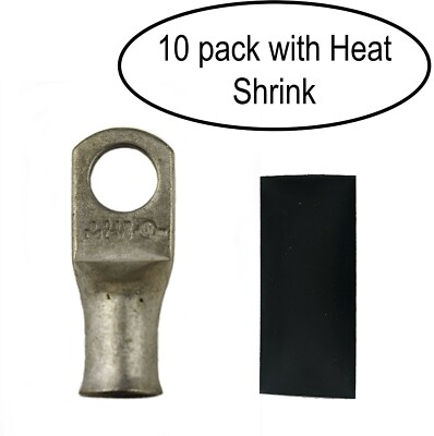 (10) 2 AWG Ring 3/8'' Hole Tin Plated Copper Cable Lug Gauge With Heat Shrink