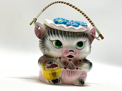 Beautiful Vintage Miss Kitty Ceramic Cookie Jar w Lid + Cane