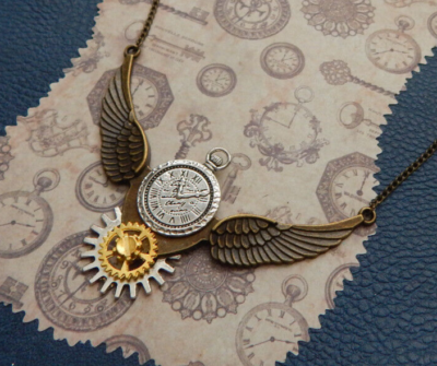 Winged Necklace Steampunk Pendant Gold Chain NEW Jewelry Handmade  