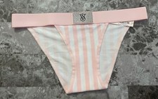 NWT VICTORIA'S SECRET PINK WHITE STRIPE BLING THICK BAND CHEEKY TANGA PANTIES