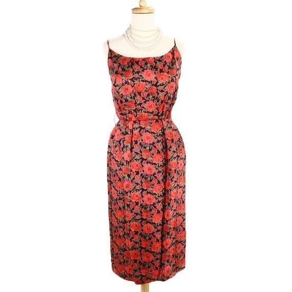 Vestido ajustado vintage Mr Mort rojo rosa sobre metal negro cremallera talla S B34 W24 - Hey Viv Foto 3 de 4