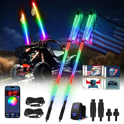 4ft RGB+IC Spiral LED Whip Lights Quick Release ATV UTV RZR Chasing Antenna