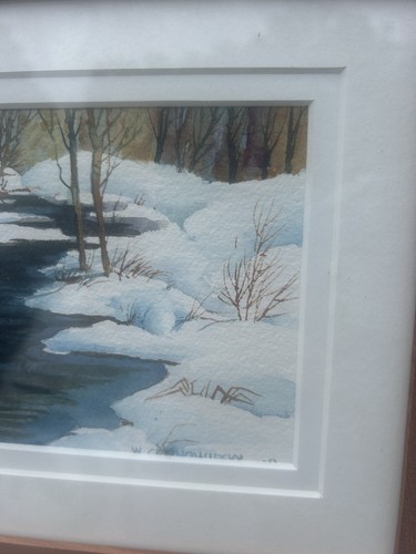 Quadro acquerello originale firmato con cornice Walter Cudnohufsky Snowy Brook nuovo en - Foto 3 di 7