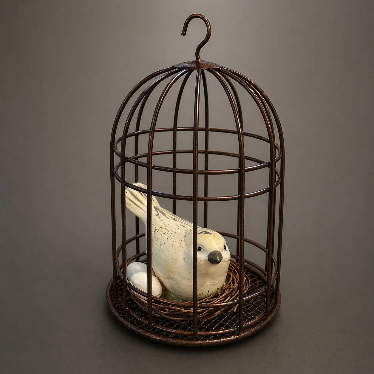 Vintage Style Bird Cage Decor W/ Ceramic Bird Nest Eggs Rustic Farmhouse 6 Inch