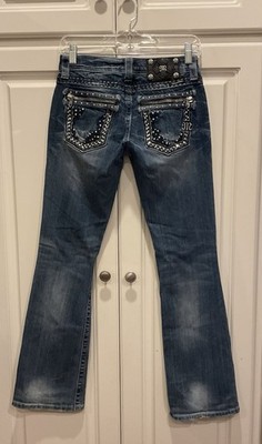 Miss Me Wmn Boot Jeans Metallic Threading Rhinestones Pockets Zippers Low Rise