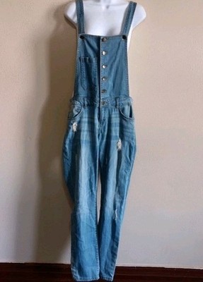 Distressed Blue Jean Bib Overalls Womens Size 26 Denim One Piece Jumper Pantsuit