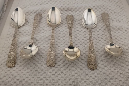 Six Antique S.Kirk & Son Sterling Silver Repousse Teaspoons 185.6 Grams