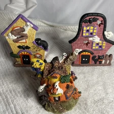 2 Halloween Haunted House Tea Light Candle Holders & Haunted House Piece