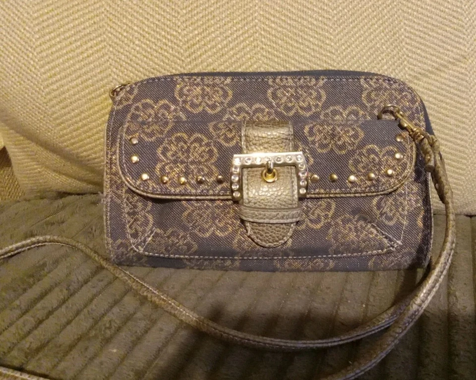 KATHY VAN ZEELAND Crossbody Clutch Handbag Denim , Glitter Studs Jewels Buckle - Image 2 of 4