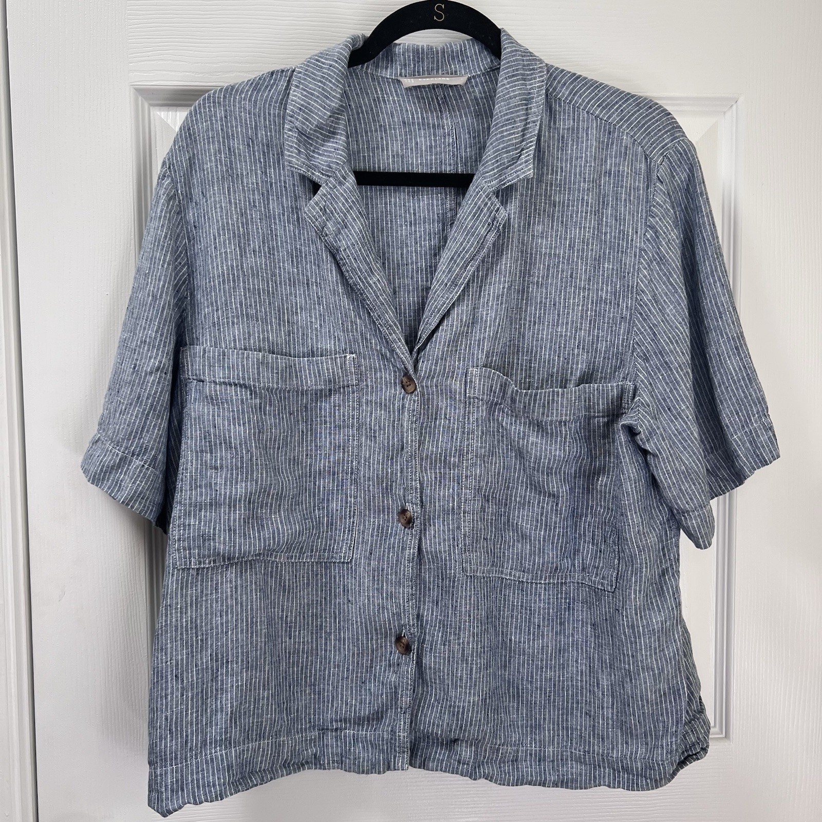 Everlane Boxy Linen Notch Collar Railroad Stripe Short Sleeve Button Down Size L