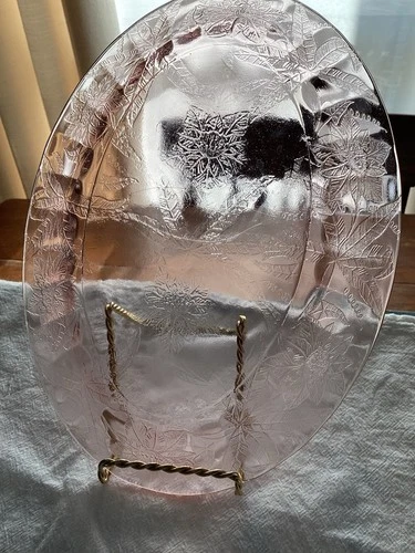 Vintage Jeannette Floral Poinsettia Depression Pink Glass Oval Platter 1930s