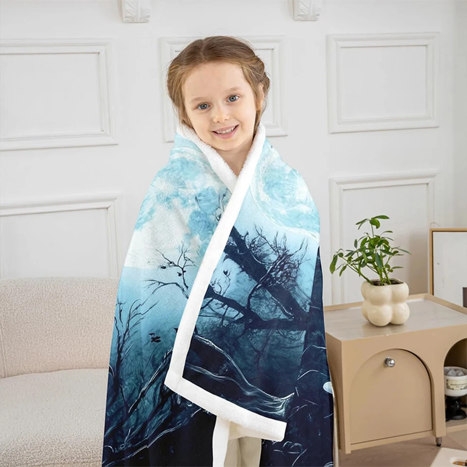 Halloween Decke Flanell Kuscheldecke mit Geistern Fledermäusen Kürbis Mond Motiv - Bild 3 von 4