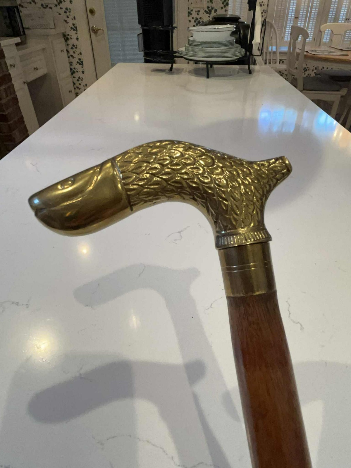 Solid Brass Fish Design Head Handle Rosewood Walk… - image 1